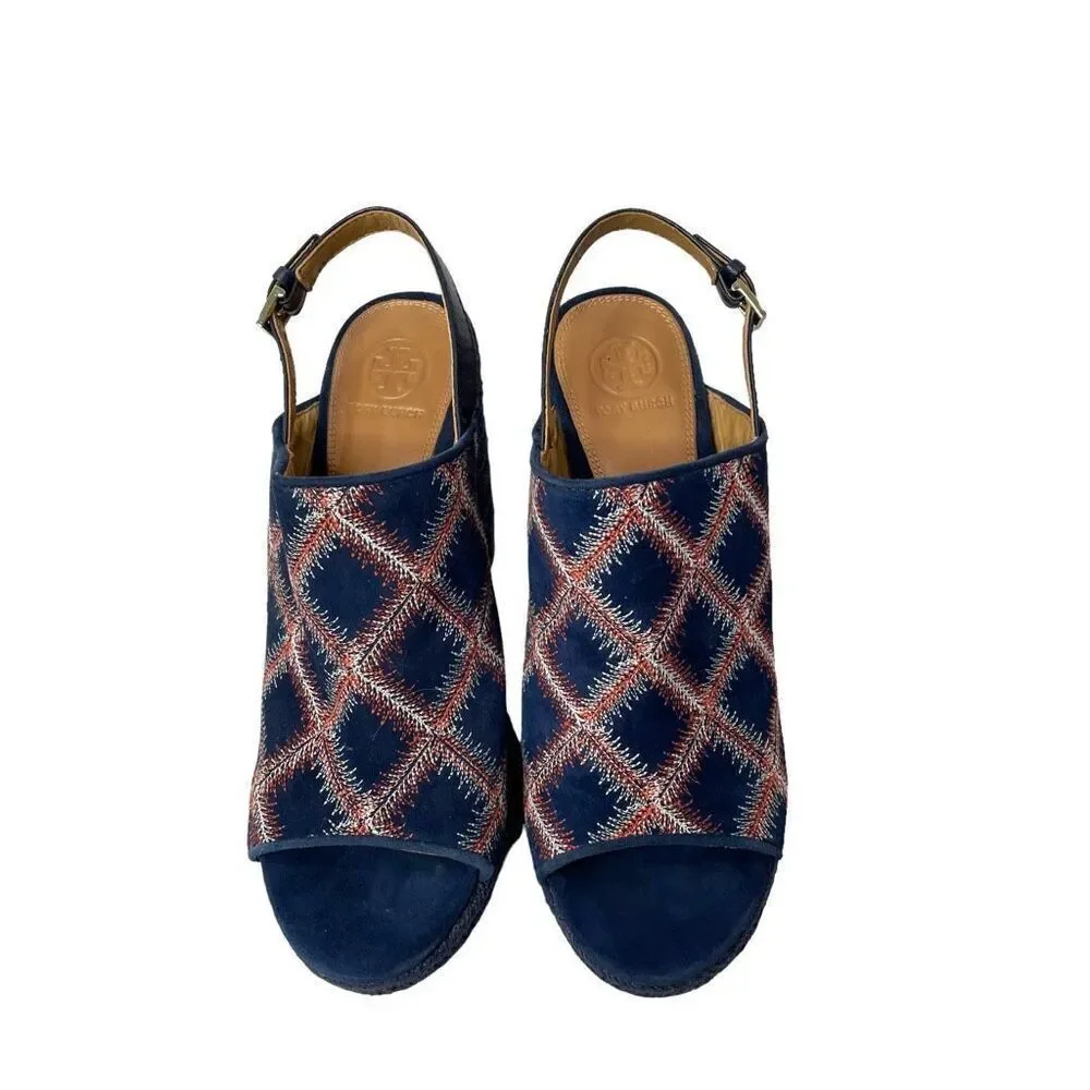 Tory Burch Trinity suede embroidered block heel‎ sandals heels Size 8.5 blue